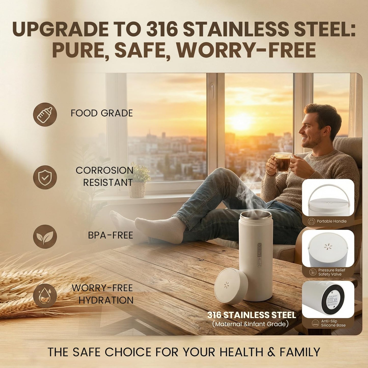 Travel Tea Kettle（120V）, Portable Electric Kettle, 316 Stainless Steel Premium Liner, 4-speed