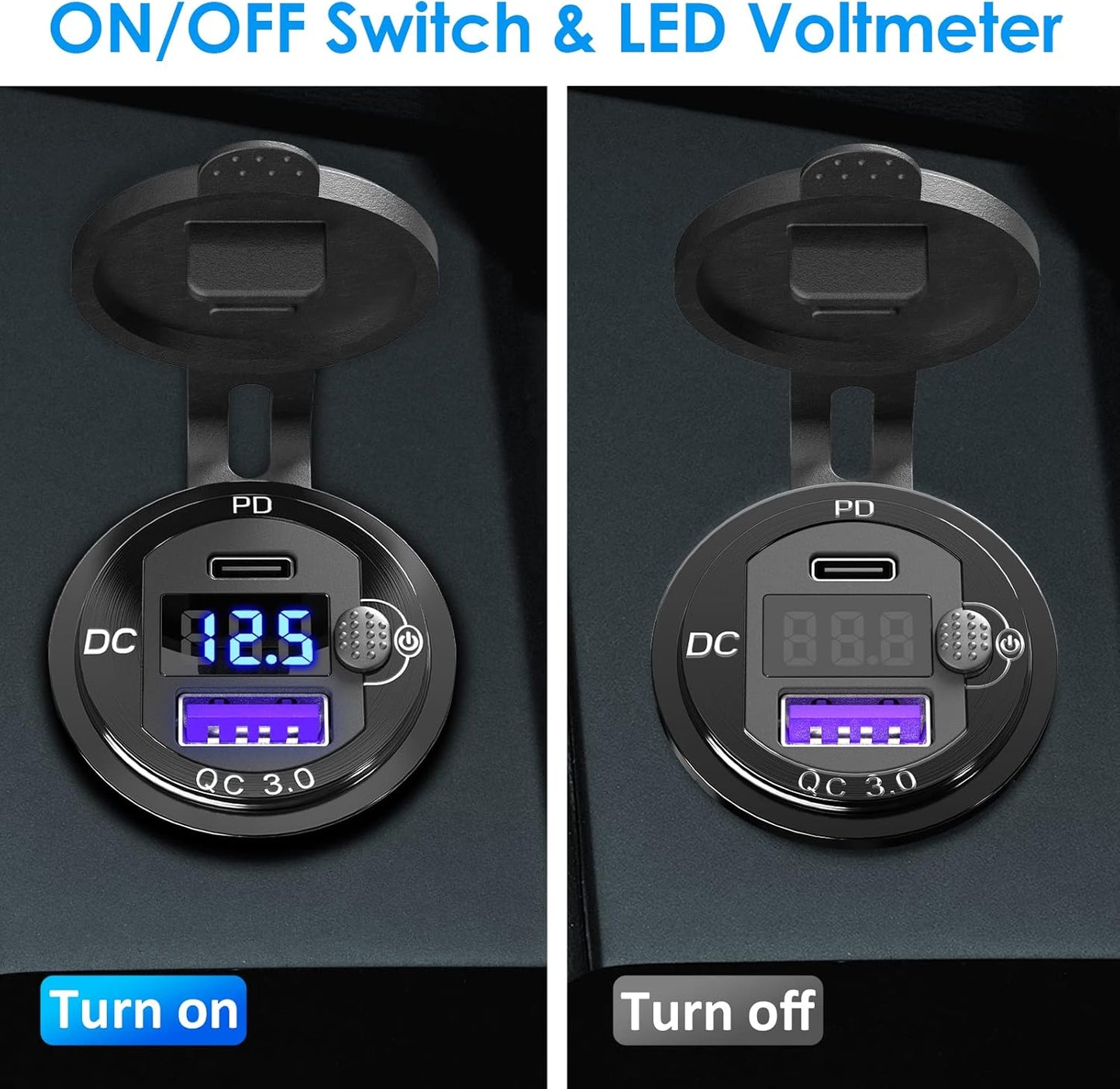PD 20W USB-C and 18W QC3.0 USB Port Aluminum 12V Charger Socket with Power Switch Voltmeter for Car, Boat, Marine, Bus, Truck, Golf Cart, RV, Motorcycle