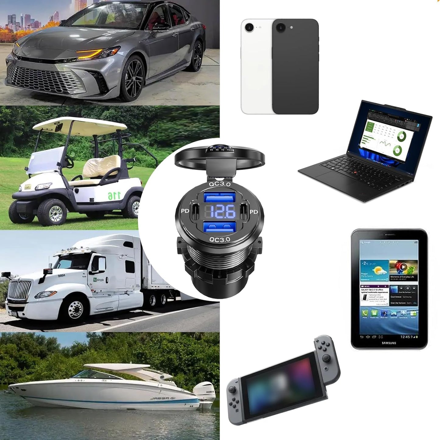 2PCS, Dual PD USB C Ports & Dual Quick Charge 3.0 Ports Car Charger Socket, VANONE Aluminum Alloy Waterproof 12V USB Outlet, Accessories for Car Boat Marine Motorcycle RV ATV Truck Golf Cart
