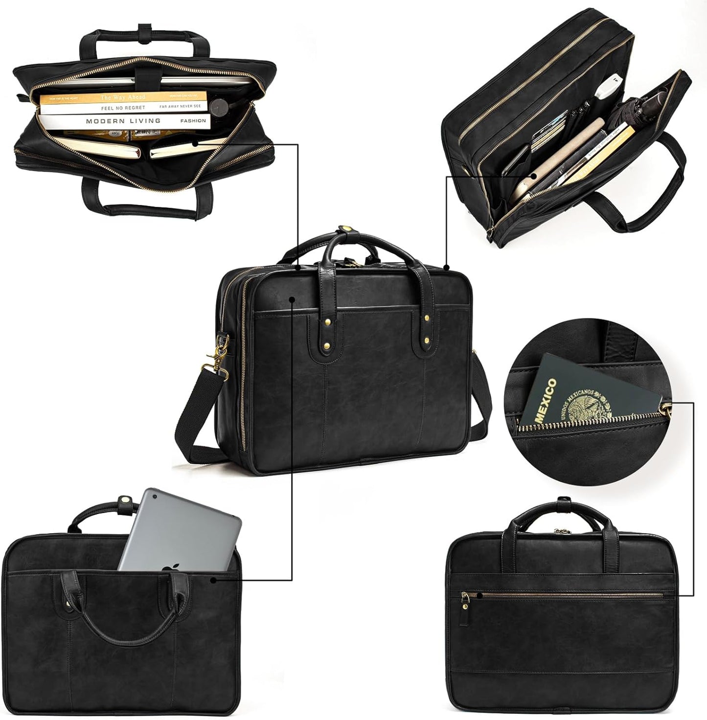 Leather Briefcases for Men 15.6 Inch Business Computer Bag Laptop Bag for Men Water Resistance Travel Messenger Bag