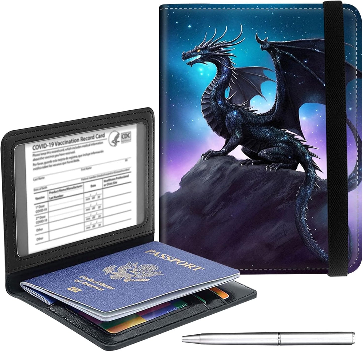 Passport Holder Cover Wallet Travel Essentials RFID Blocking Case Leather Passport Cover Wallet Vaccine Card Slot Organizer for Men Women, Dragon