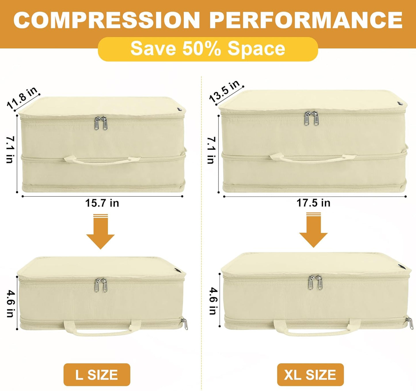 Extra Large Compression Packing Cubes for Travel Essentials, 2 Set Expandable Travel Cubes for Packing Bags Suitcase Organizer, Beige