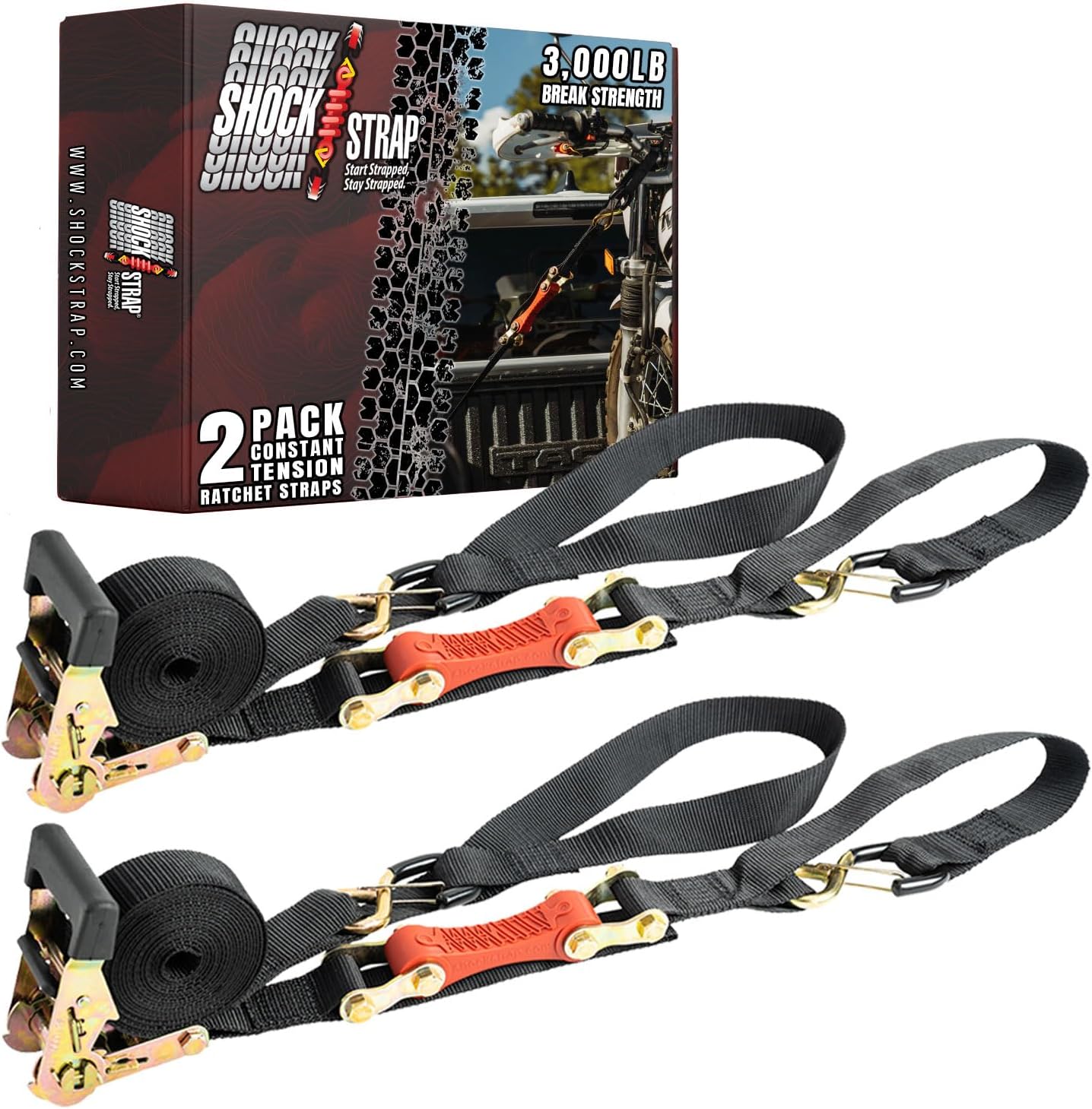 Ratchet Strap, 7’ x 1.5" Shock Absorbing Heavy Duty Tie Downs for Cargo, 1,000 LB WLL / 3,000 LB
