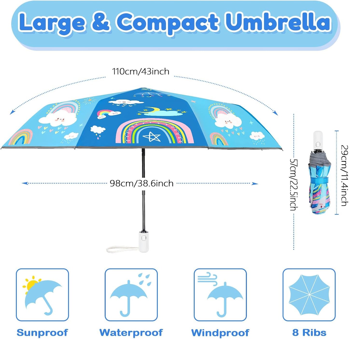 Autoamtic Kids Umbrella UV Resistant, Folding Compact Umbrella 360° Reflective Strip for Travel Outdoor, Lightweight Cute Kids Parasol Anti-rebound Safe for Toddler