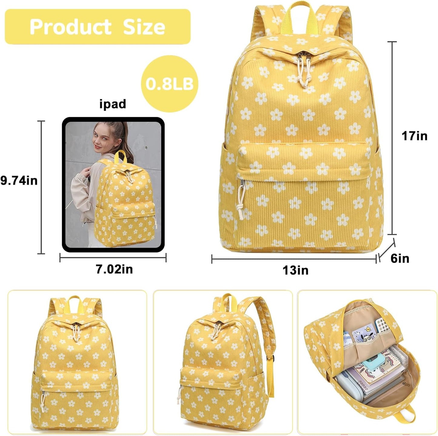 School Backpack for Teen Girls Bookbags Elementary High School Corduroy Laptop Bags Women Travel Daypacks
