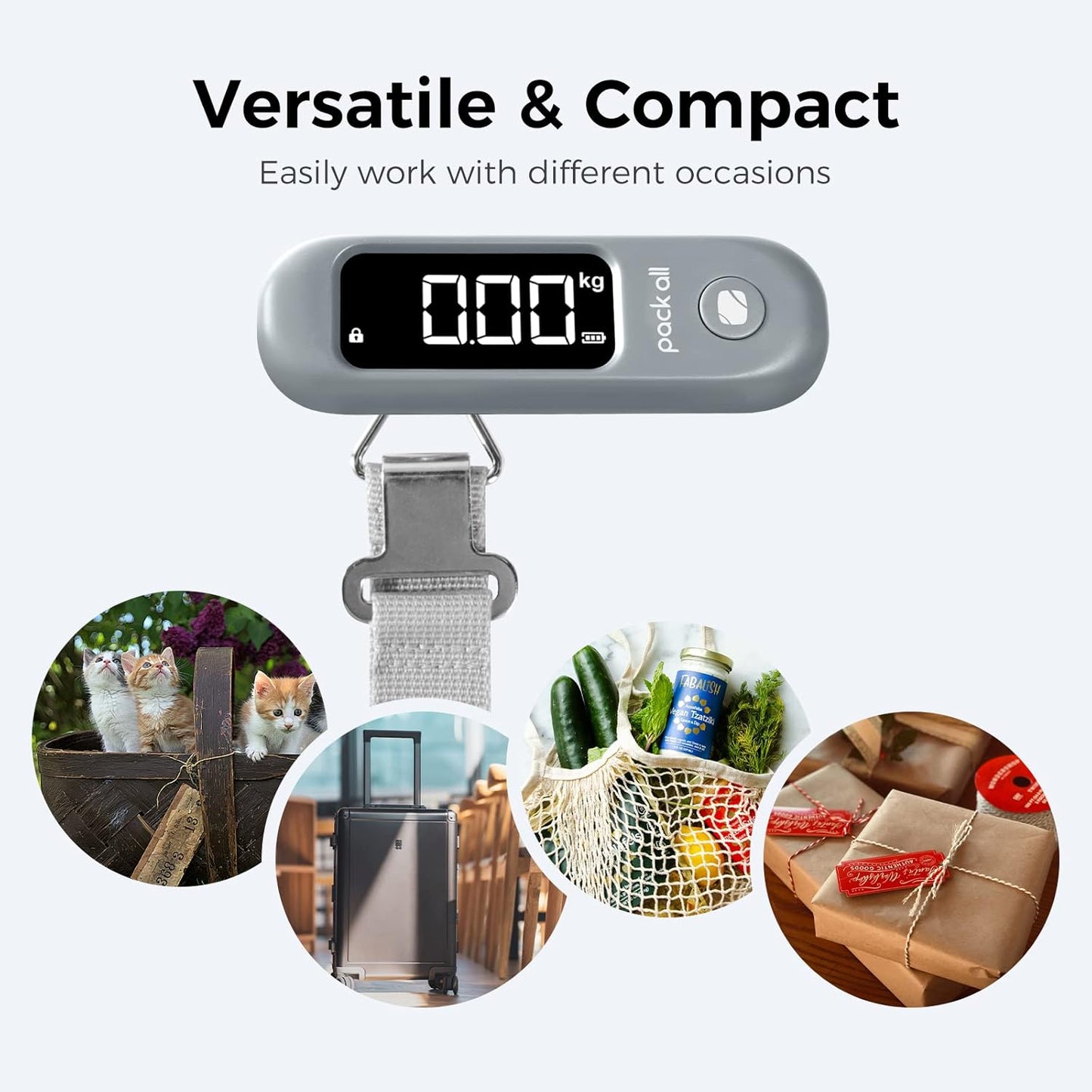pack all 110 Lbs Luggage Scale, Digital Handheld Baggage Scale, Travel Suitcase Weight Scale with LCD Display, Battery Included, Rock Grey