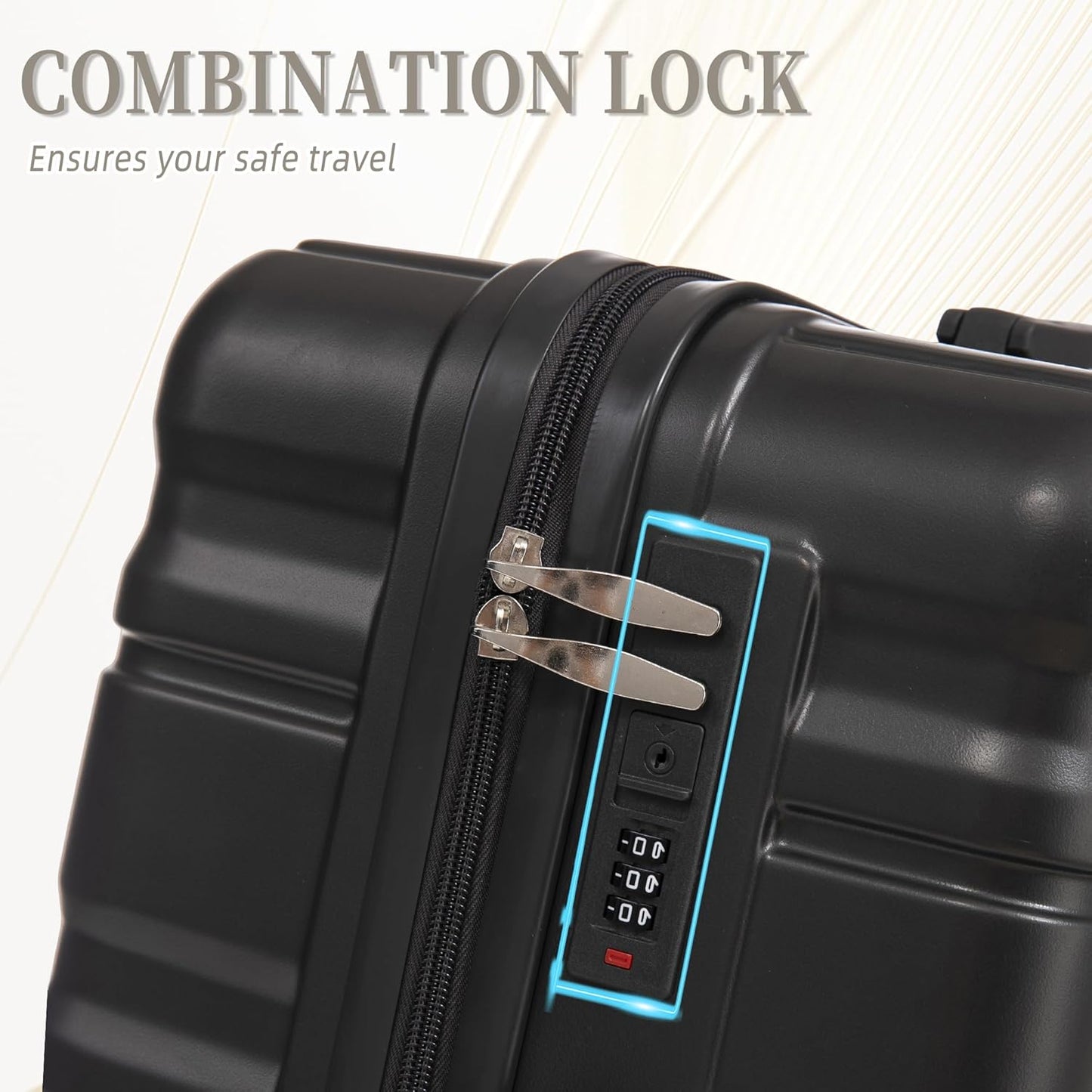 Campfun 3 Piece Luggage Sets, ABS Suitcase Set with Double Spinner Wheels Hang Hook, Durable Carry On Luggage with Combination Lock, 20/24/28 inch, Black