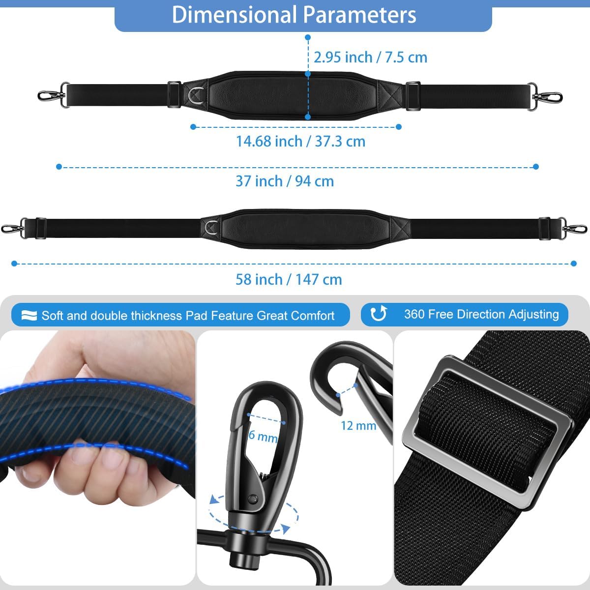 ZINZ 3D Air Cushion 58 inch Strap for Bags with Fixed Ultra-Thick Padded Breathable, Universal Strap with Double Adjustable Buckles and Swivel Hooks for D-ring Bags,Black