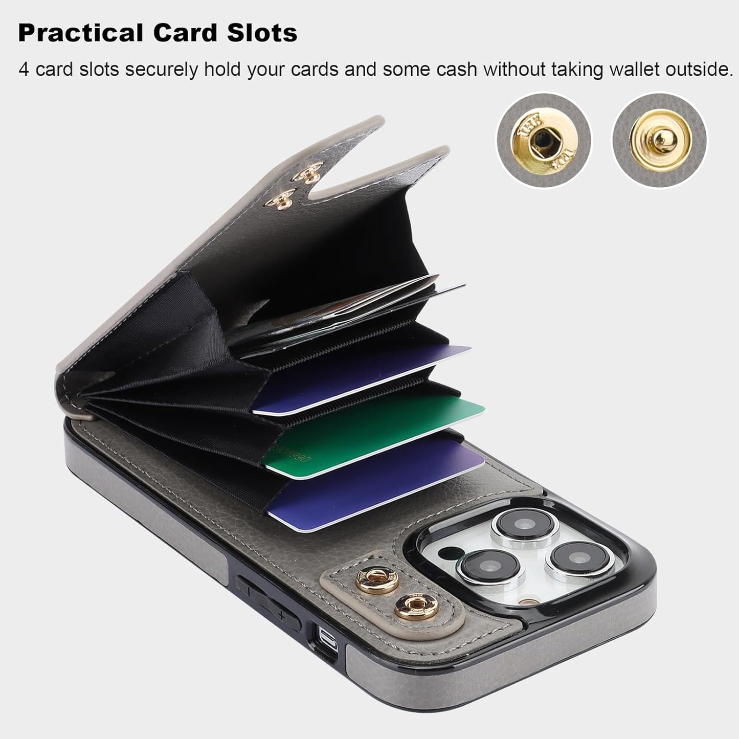 Folosu Compatible with iPhone 14 Pro Case Wallet with Card Holder, 360°Rotation Finger Ring Holder Kickstand, RFID Blocking Leather Protective Double Buttons Shockproof Cover 6.1 Inch Gray