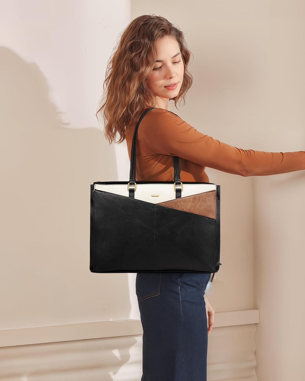 LOVEVOOK Vintage Leather Work Tote - 15.6 Inch Laptop Bag for Women, Waterproof Business Bag & Office Briefcase
