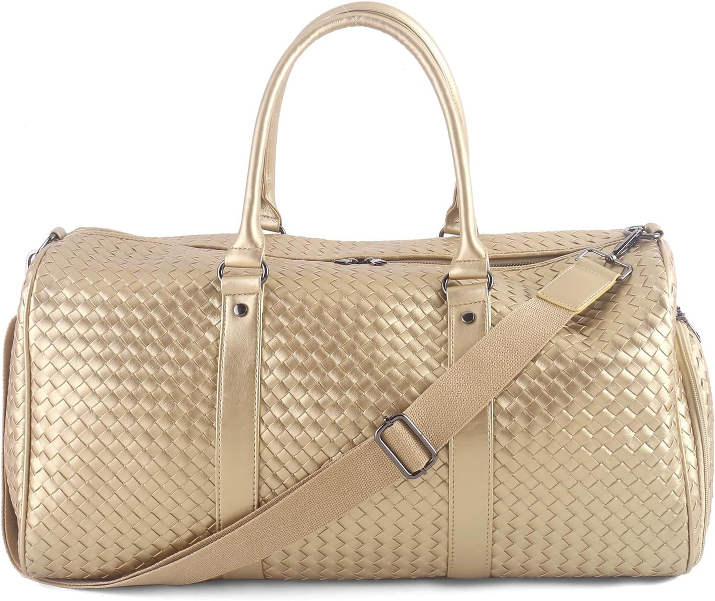 Weekender Bags for Women Woven Leather Travel Duffel Bag with Shoe Compartment, Carry On Garment Bag for Men Women, Large Capacity Water-resistant Gym Tote (Gold)