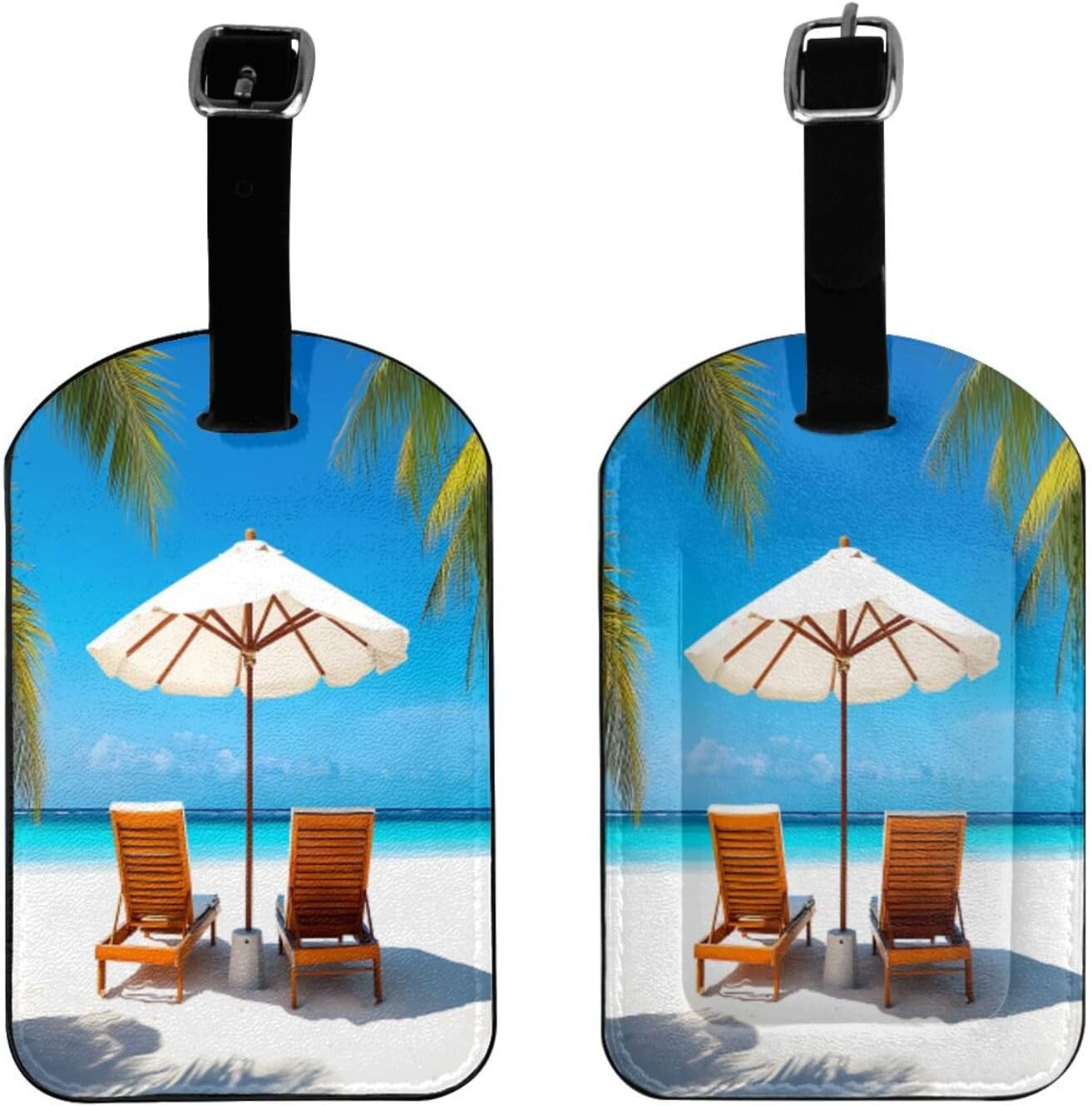 Tropical Beach Luggage Tag for Suitcases,Palm Tree Chair PU Leather Baggage Tags Bag Tags Travel Id Label for Luggage Women Men -1 Piece