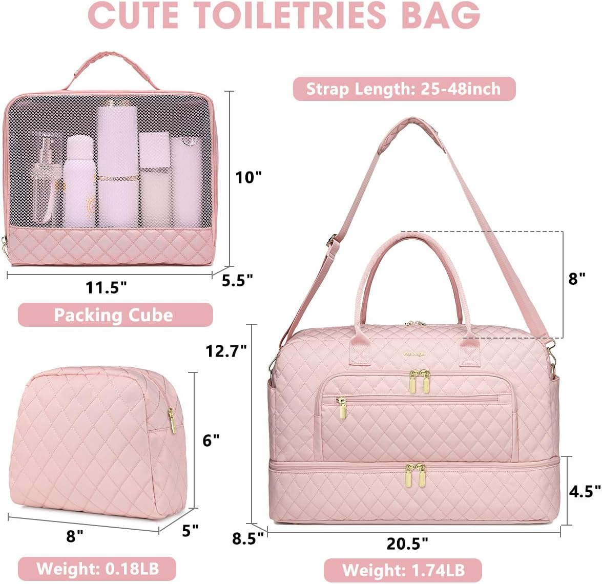 Large Women Travel Duffle Bag - Carry on Overnight Bag Weekend Travel Duffel Tote Gym Bag with Wet Pocket Toiletry Weekender Overnight Bag for Travel Business Trips Sports Hospital Pink 3 Pcs Set