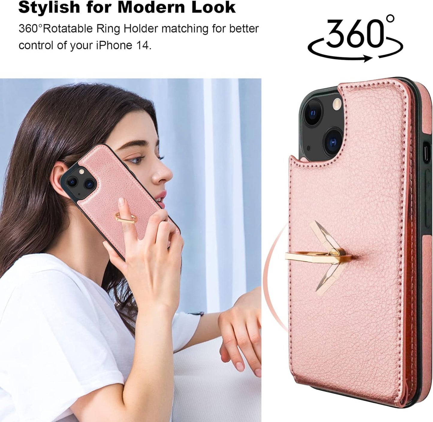 Folosu Compatible with iPhone 14 Case Wallet with Card Holder, 360°Rotation Finger Ring Holder Kickstand, RFID Blocking Leather Protective Double Buttons Shockproof Cover 6.1 Inch Rose Gold