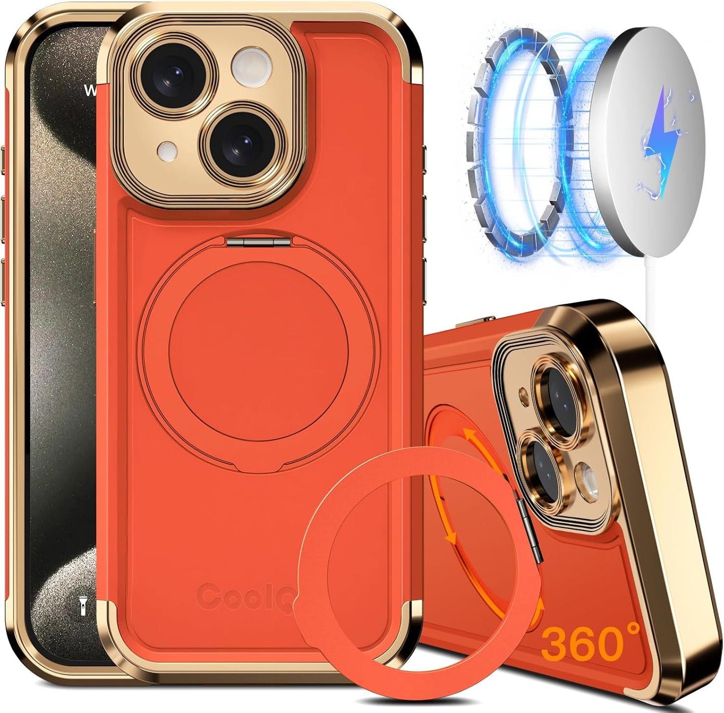 COOLQO for iPhone 13 Case 6.1'' Upgraded 360° Spin Magnetic Stand [Compatible with Magsafe][Military Protection] Plating Matte Scratch-Resistant Back Protective Shockproof Phone Case, Orange Gold