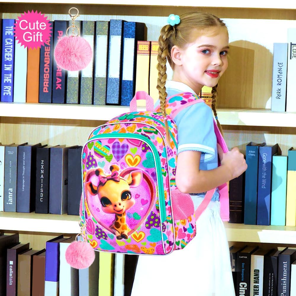 3PCS Girls Backpack, Kids Water Resistant Heart Bookbag Set with Lunch Box, Cute Kids School Bag for Preschool Toddler