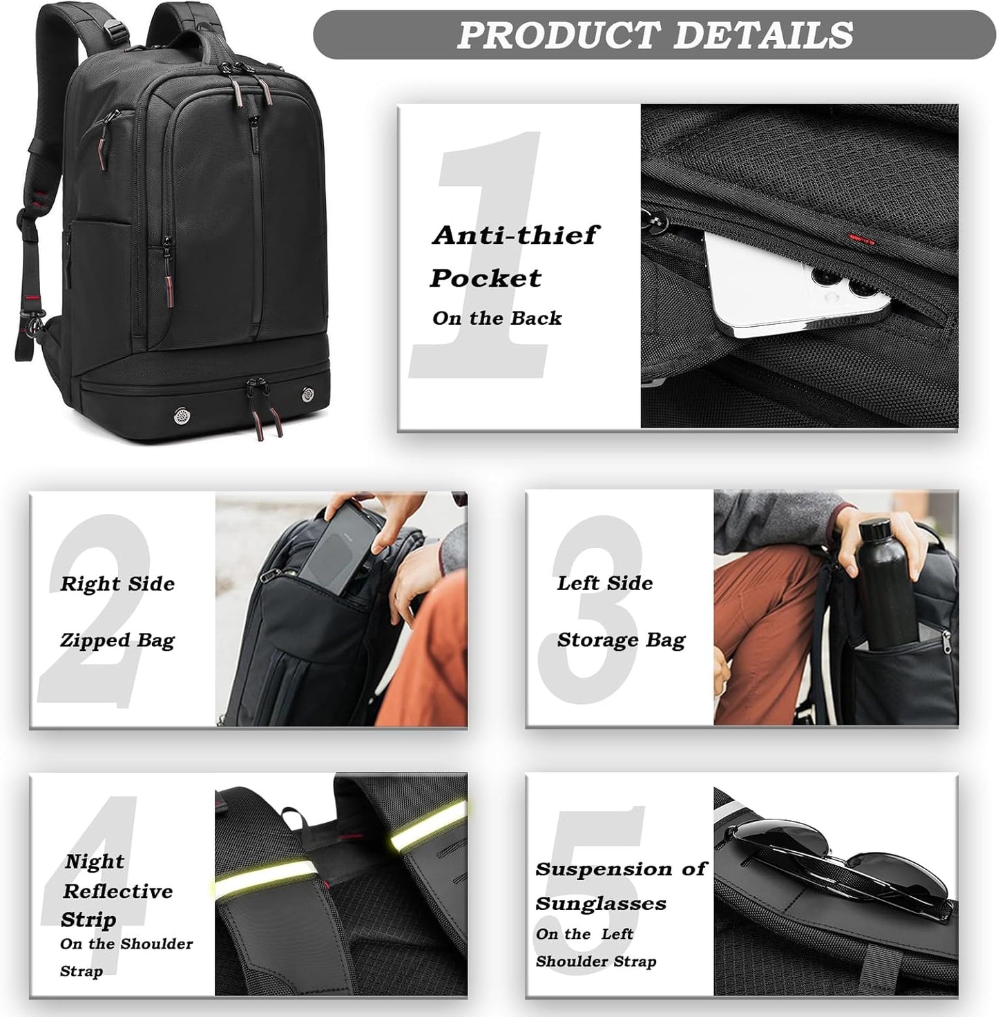 Somago 16 Inch Laptop Backpack Water Resistant Carry On Daypack Backpack Anti Theft Travel Rucksack Backpack with Shoe Compartment Shoulder Strap for Men Women, 33L (Black)