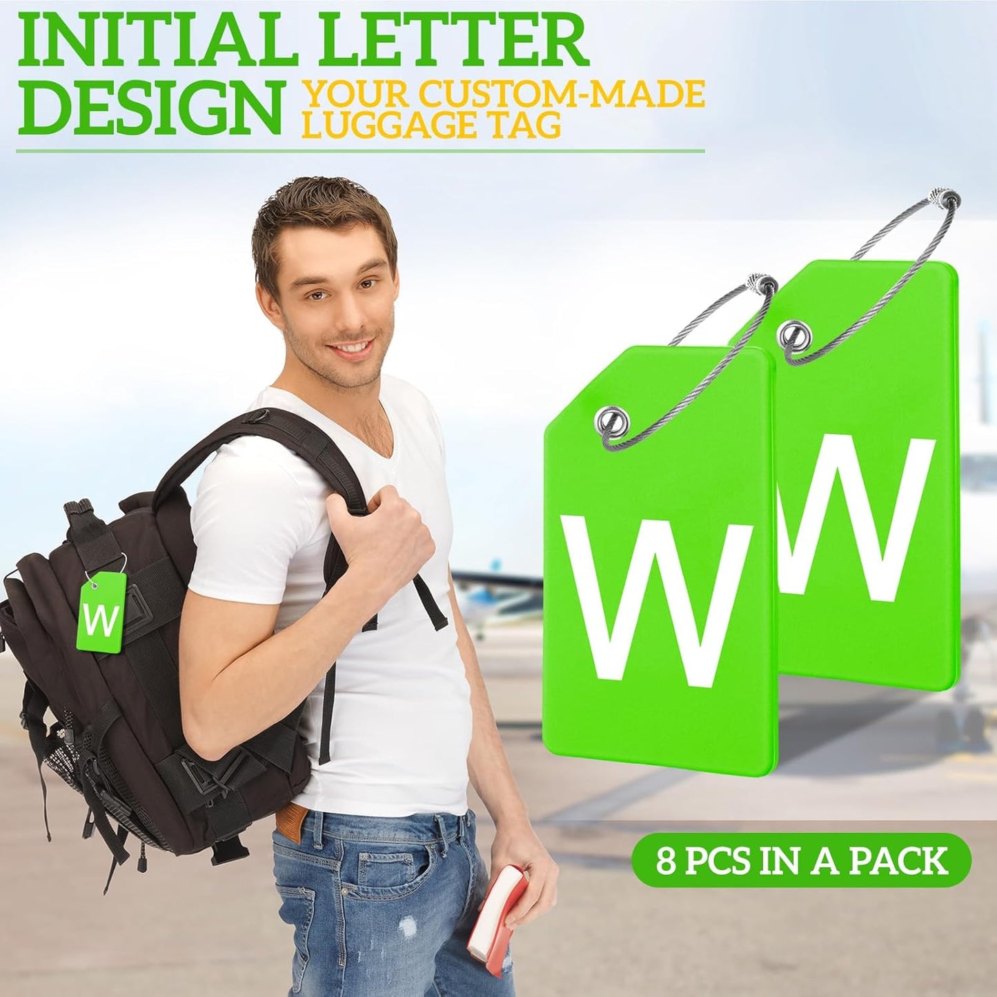 8 Pcs Initial Letter A-Z Luggage Tags Silicone Suitcase Instrument Tag with Name Card and Stainless Steel Loop(Letter W,Green)