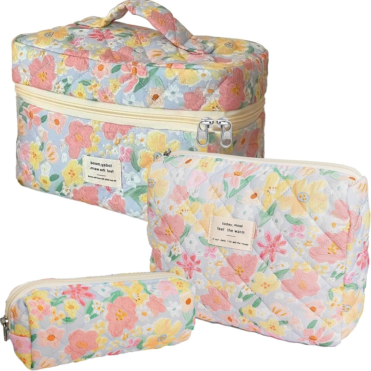 Quilted Makeup Bag, Large Capacity Travel Cosmetic Bag for Women and Girls, Aesthetic Storage for Daily and Travel Use (3pcs-floweroilpainting Print)