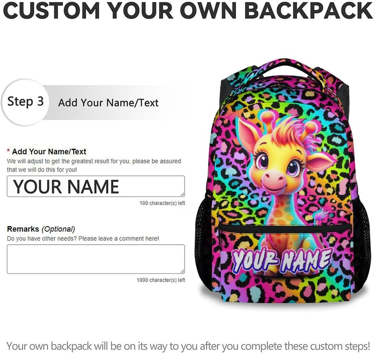 Custom Giraffe Backpack for Girls - 17 Inch Cute Kids Backpack with Adjustable Straps for