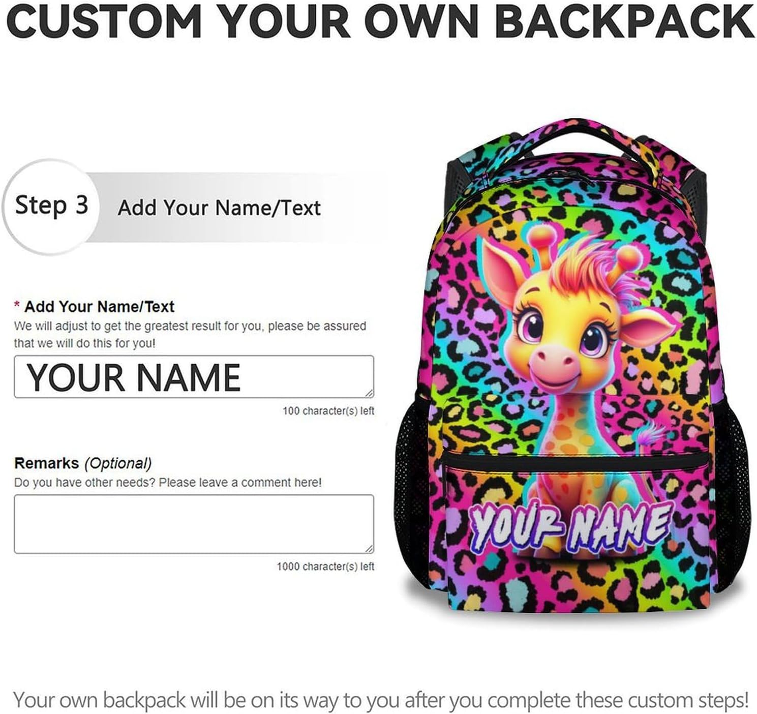 Custom Giraffe Backpack for Girls - 17 Inch Cute Kids Backpack with Adjustable Straps for
