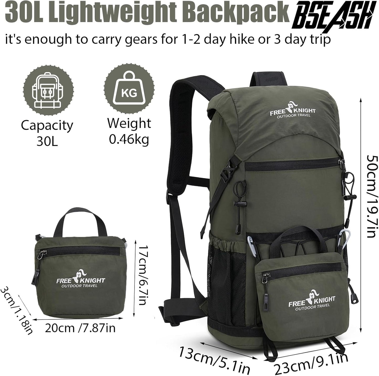 Bseash 30L Lightweight Hiking Backpack, Outdoor Sport Waterproof Travel Bag Daypack for Cycling Climbing Skiing (Army Green)