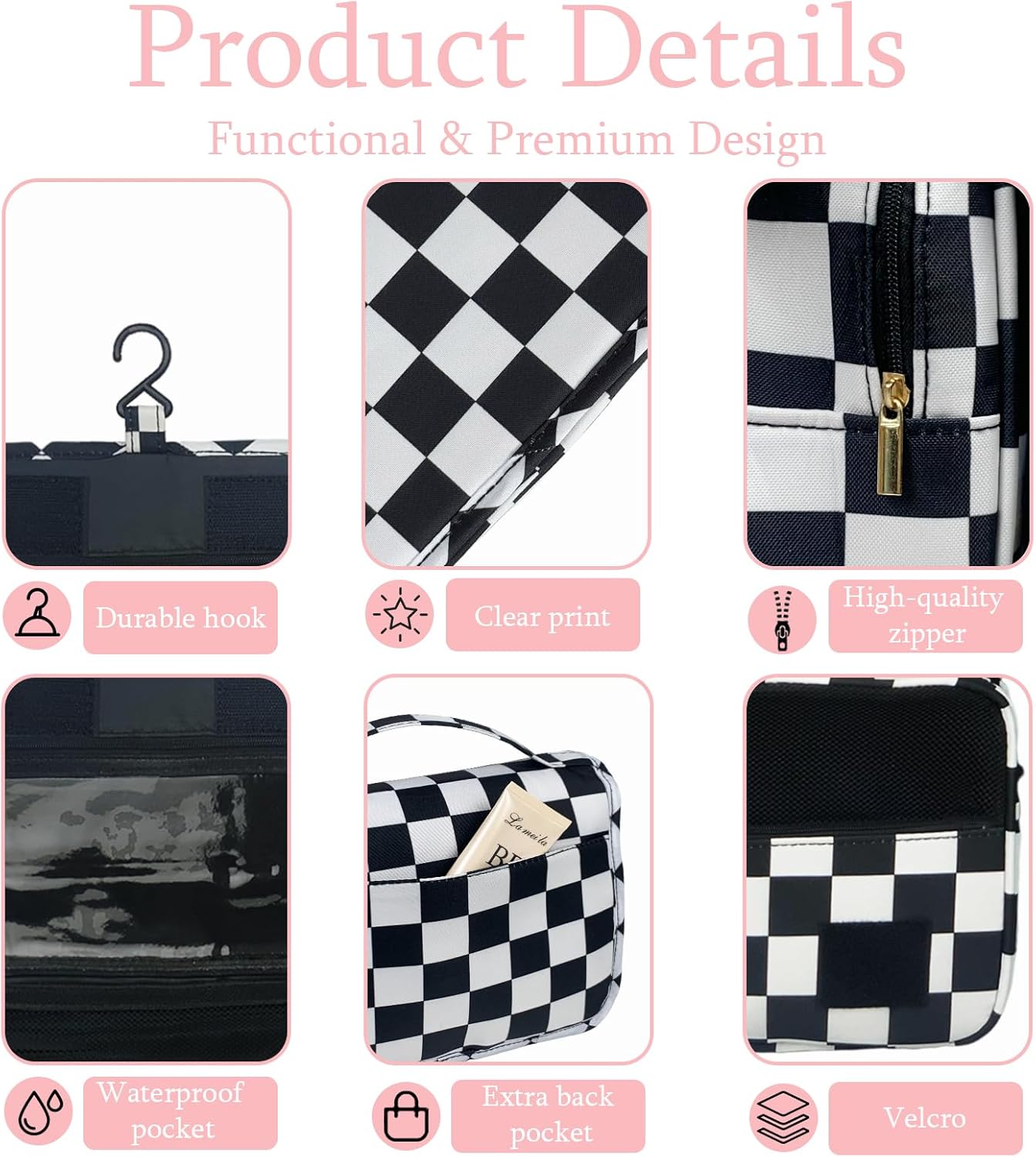 Crazy Bison Hanging Travel Toiletry Bag Kit Makeup Bag Cosmetics Organizer for Men Women (Black & White Checkerboard)