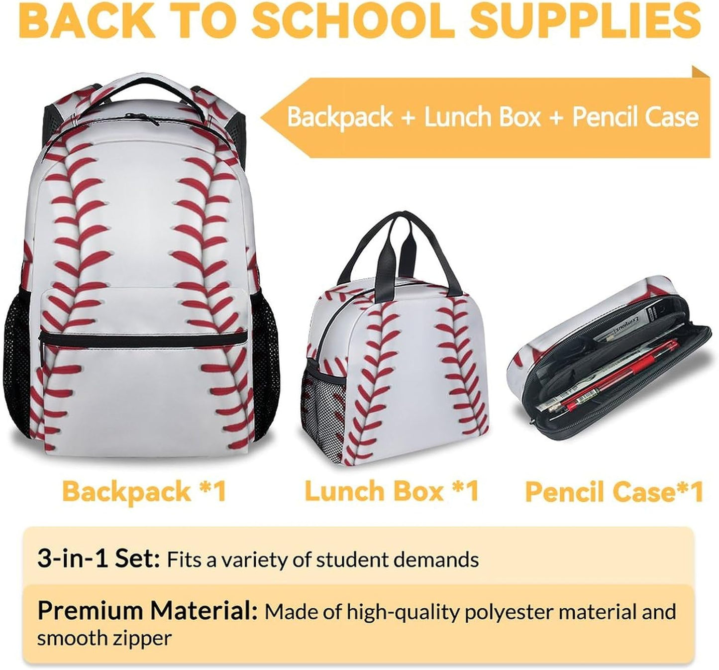 Baseball Backpack with Lunch Box Set for Boys, 3 in 1 School Backpacks Matching Combo, Sports White Bookbag and Pencil Case Bundle