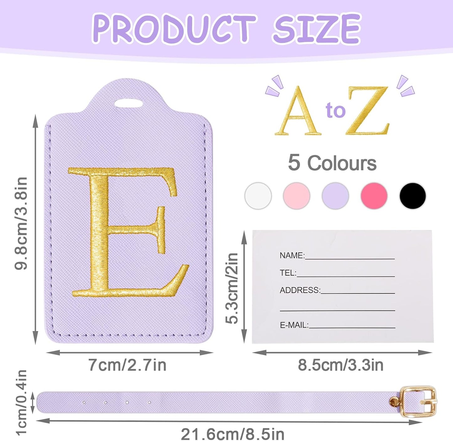 Initial Luggage Tags for Suitcases, Cute Embroidered Letter Luggage Bag Suitcase Identifier Name Baggage Tag, PU Leather Travel Luggage Tags, Bag Tags for Men Women Kids Luggage Handbags(Purple E)