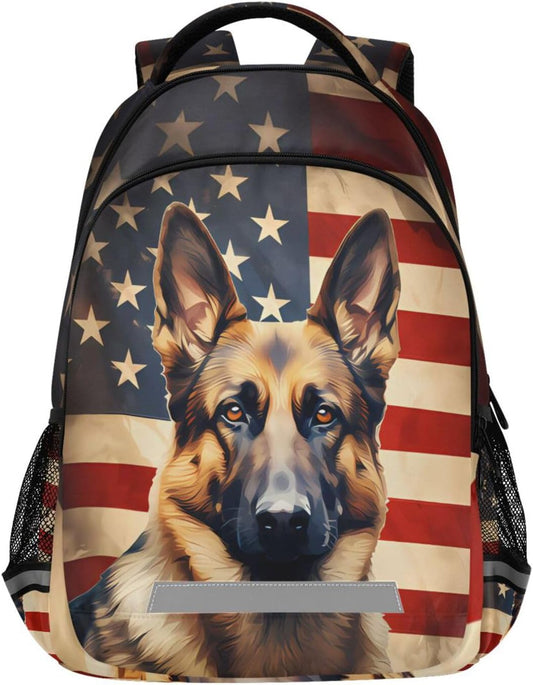 Dog German Shepherd Backpack for Boys Girls American Flag Elementary School Bag Kids Bookbag Travel Rucksack
