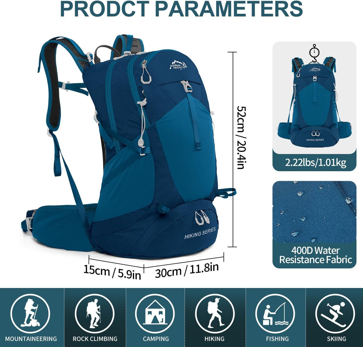 Hiking Backpack, Waterproof Hiking Daypack with 3L Water Bladder and Rain Cover, Lightweight Travel Camping Backpack for Men Women (Blue)