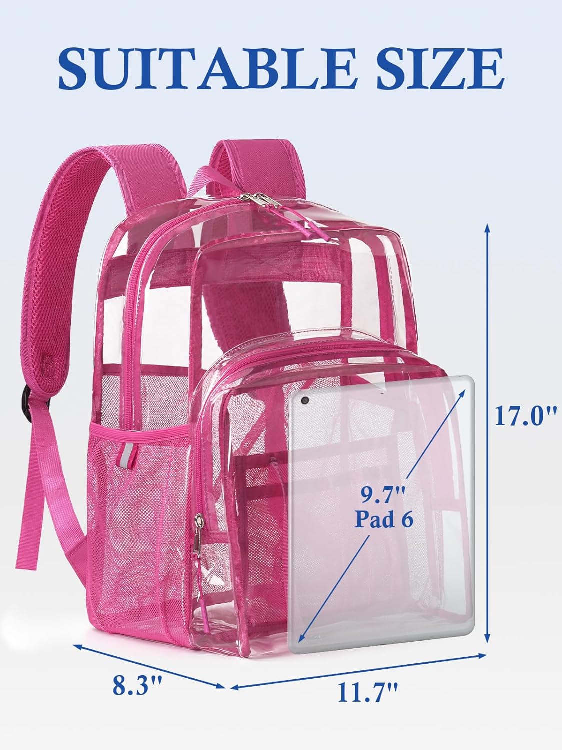 Clear Backpack for School, 17 inch Large Heavy Duty-TPU See Through Bookbag for Boys Girls and Adult, Transparent Backpack With Multi-Pockets for College Work Gym Sport, Rose Red