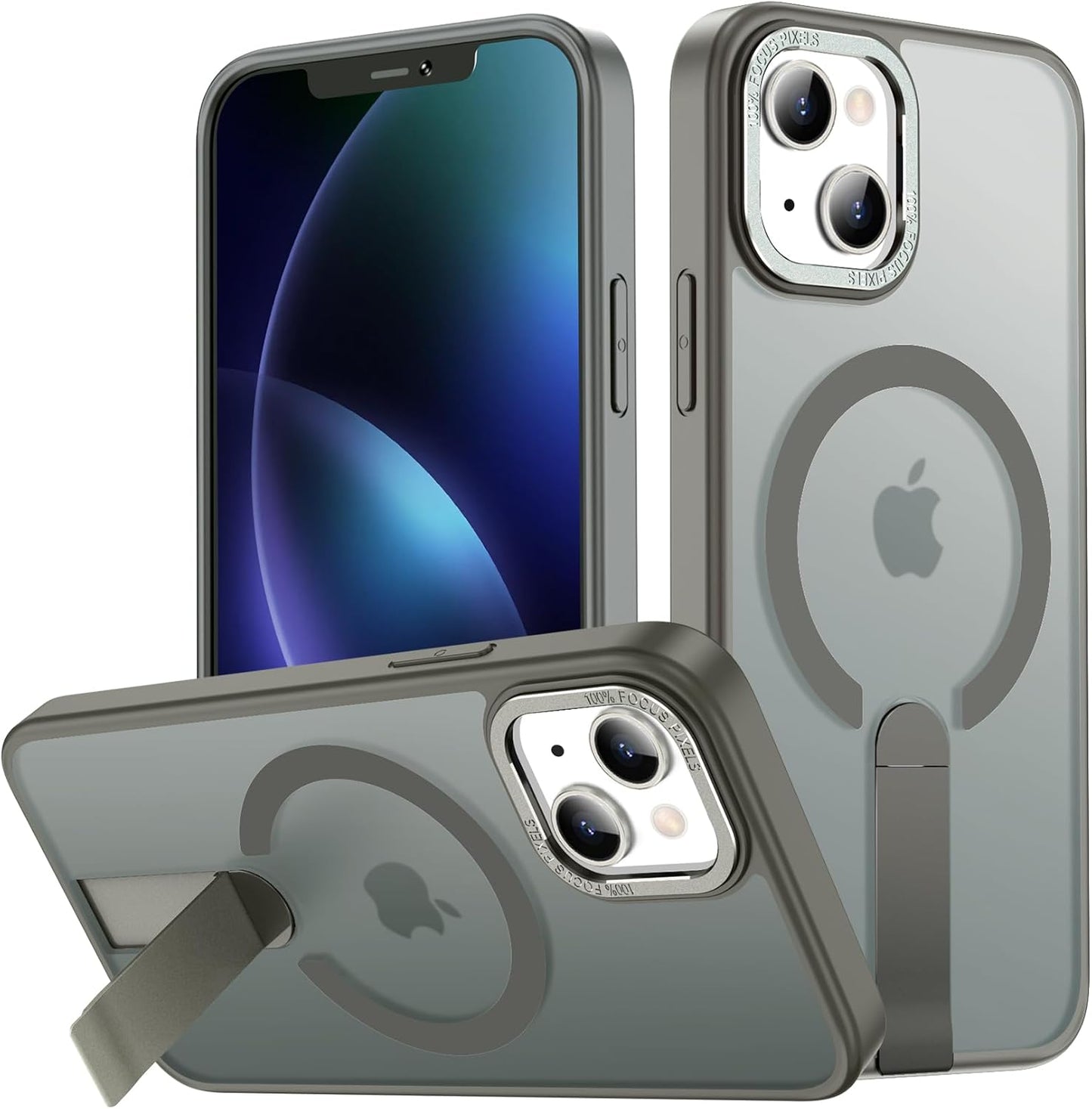 for iPhone 13 Case with Kickstand, [Invisible Stand] Compatible with MagSafe, Anti-Slip Shockproof Military-Grade Protection, Magnetic Slim Translucent Phone Case for iPhone 13 Cover (Gray)