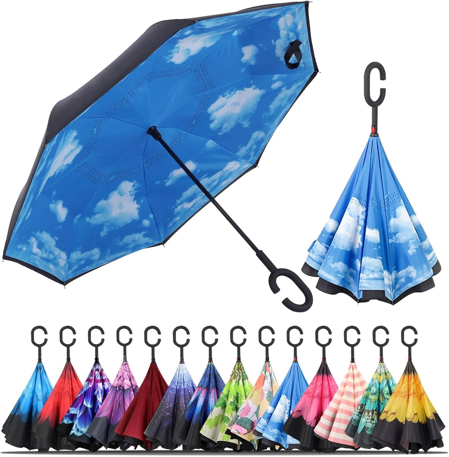 LLanxiry Windproof Inverted Umbrella, Large Reverse Umbrellas for Rain with C-shaped Handle Big Upside Down Inside Out Umbrella for Women & Men