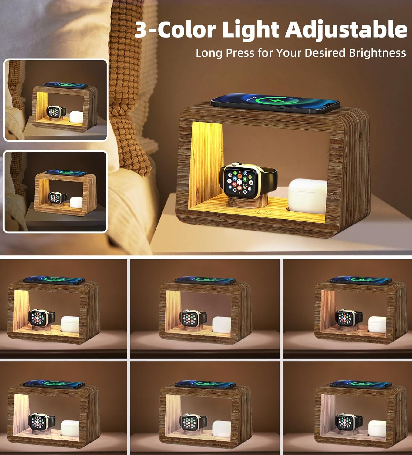 Bamboo Charging Station for Multiple Devices, 15W Fast Wireless Charger Night Light with 3 Color & 4 Adjustable Brightness, Night Stand Charger Station for iPhone/iWatch/AirPods/Samsung with Adapter