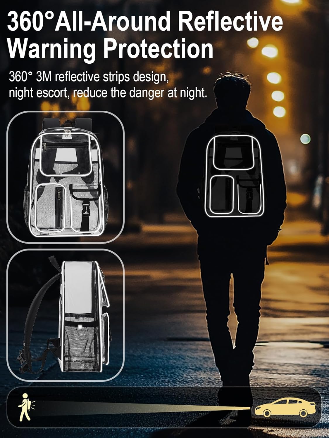 Heavy Duty Clear Backpack For School, 17 Inch Large Clear Bookbag For Kids Boys Girls Women Men, 360° 3M Reflective Strips See Through Backpack, Multi-Pockets Tranparent Bag, College Work, Grey