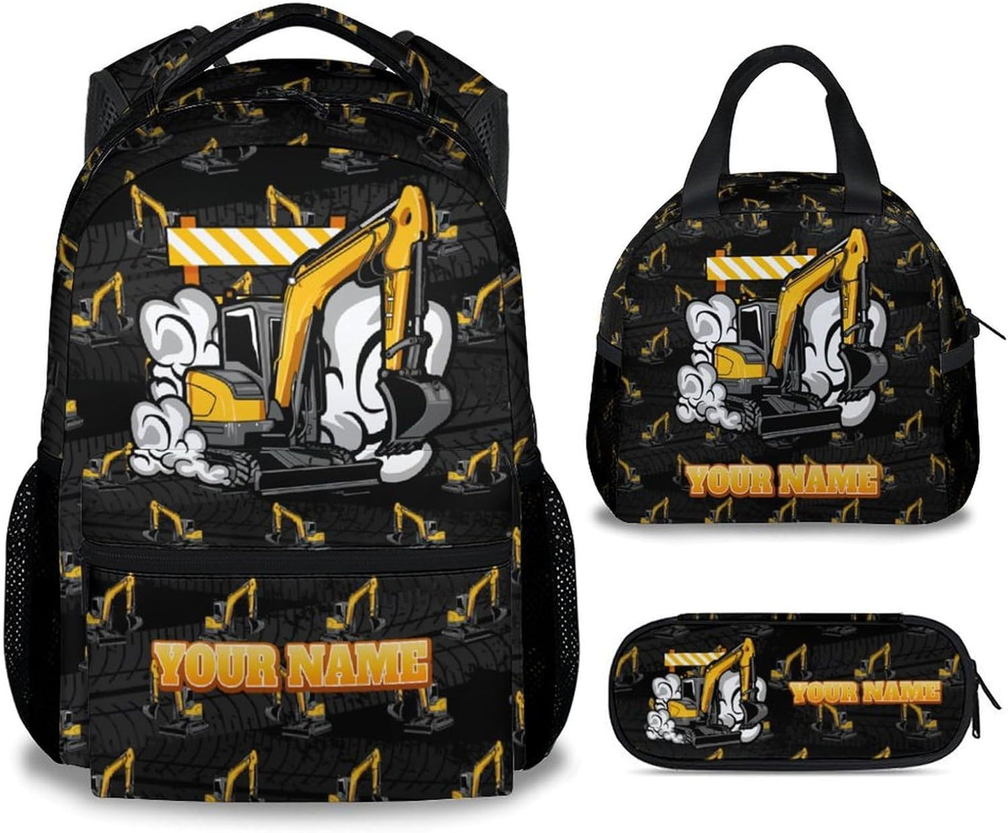 Backpack and Lunch Box for Boys - 17 Inch Custom Digger Bookbag Set for Kids - Personalized Cool 3