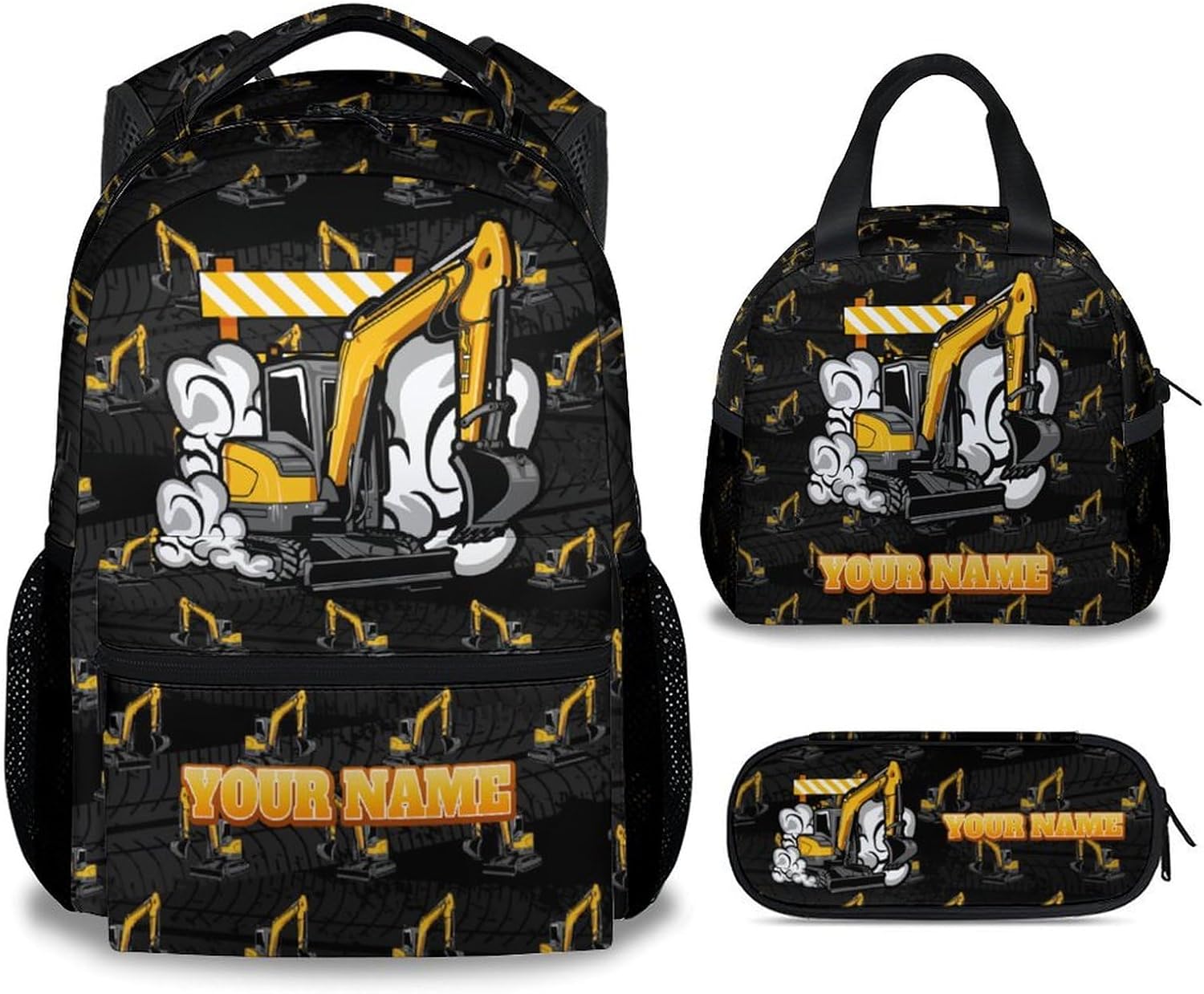 Backpack and Lunch Box for Boys - 17 Inch Custom Digger Bookbag Set for Kids - Personalized Cool 3