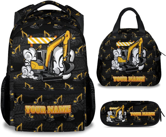 Backpack and Lunch Box for Boys - 17 Inch Custom Digger Bookbag Set for Kids - Personalized Cool 3 in 1 Excavator School Bag for Primary Middle