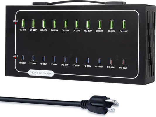 580W USB Charging Station, 20 Port Fast Charging Station for Multiple Devices, Dual PD 45W USB C Charger Block, Smart Power Delivery & Multi Protection for Laptop MacBook iPhone, iPad, Tablet