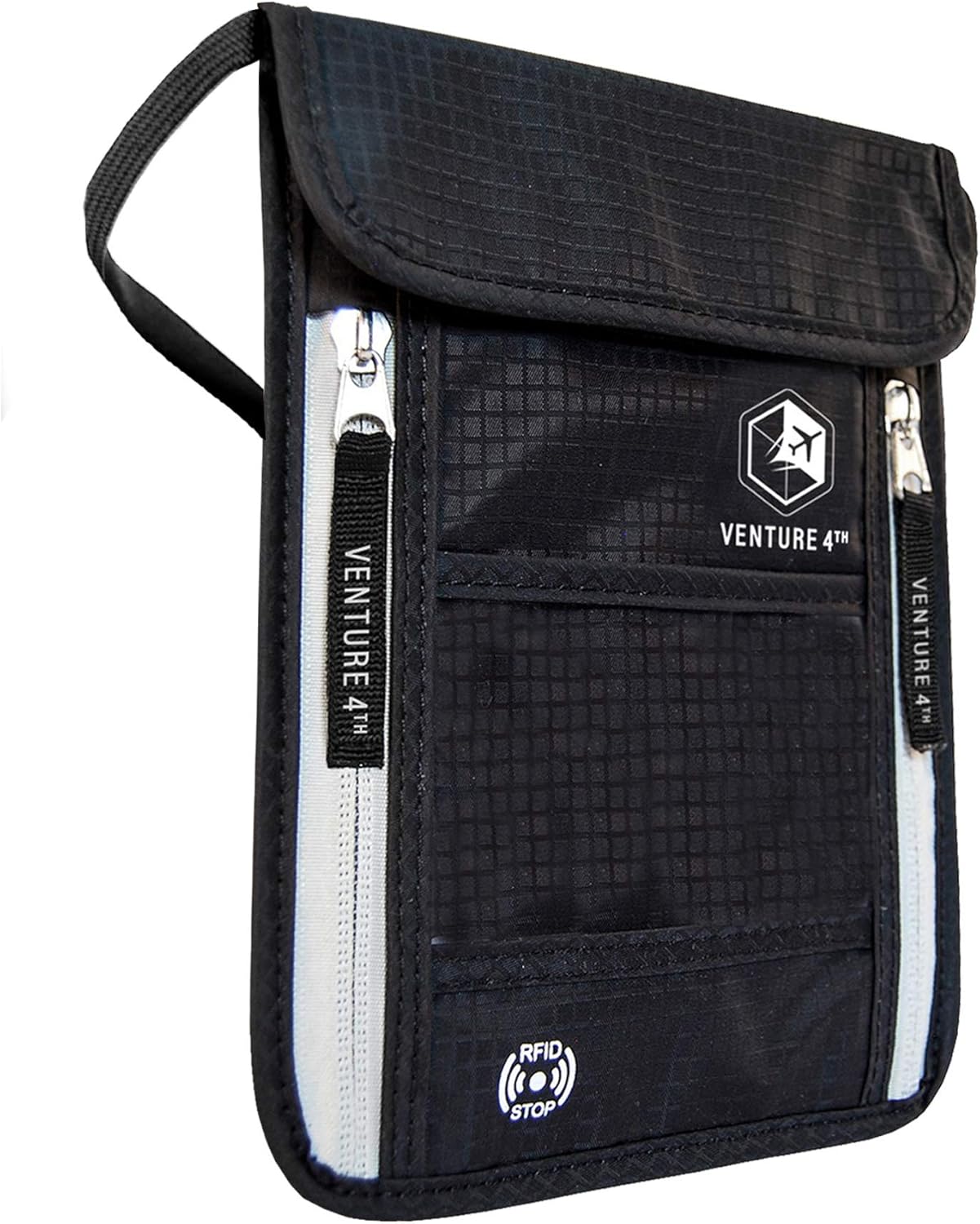 VENTURE 4TH Neck Wallet, RFID Blocking Passport Holder for Travel – Hidden Neck Pouch with 6 Compartments, Slim Lightweight Organizer with Adjustable Strap for Cash, Cards & Passport (Black)