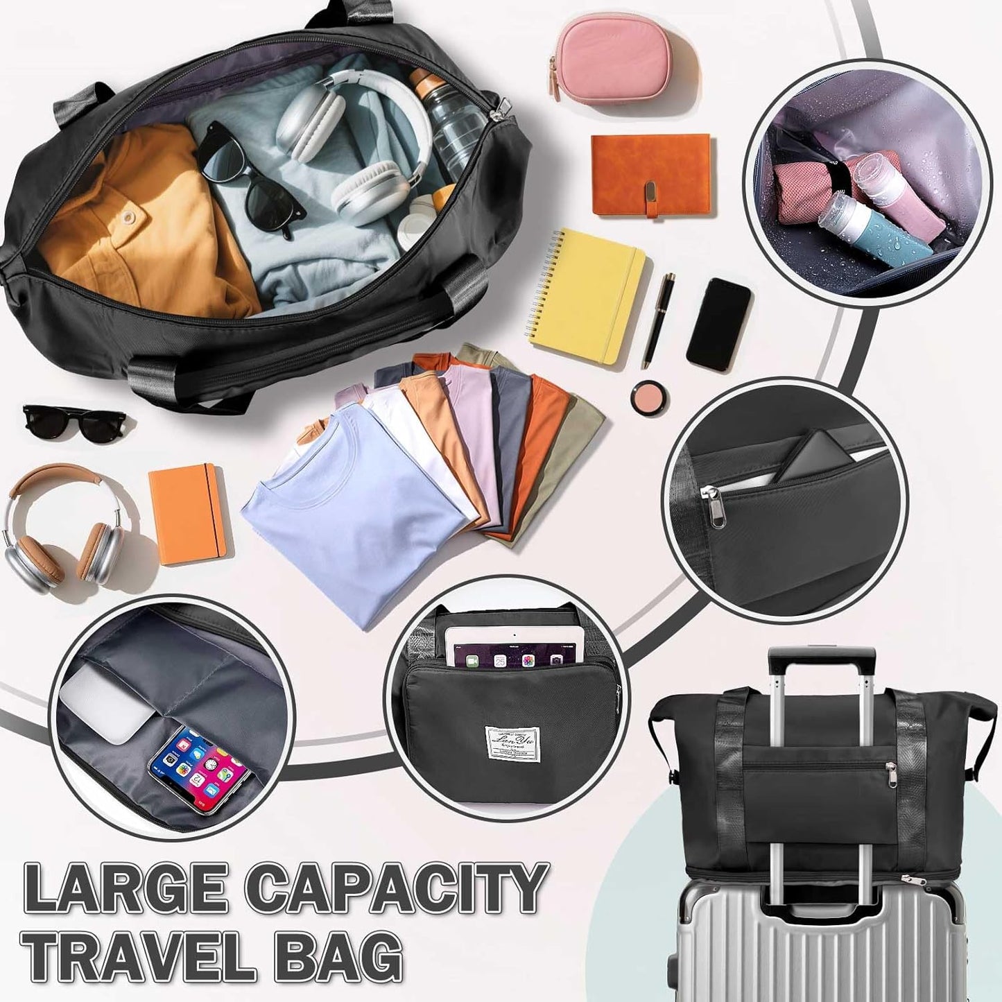 Ranslen Large Capacity Folding Travel Bag,Expansion Travel Duffel Bag with Dry and Wet Separation Portable Travel Duffel Bag