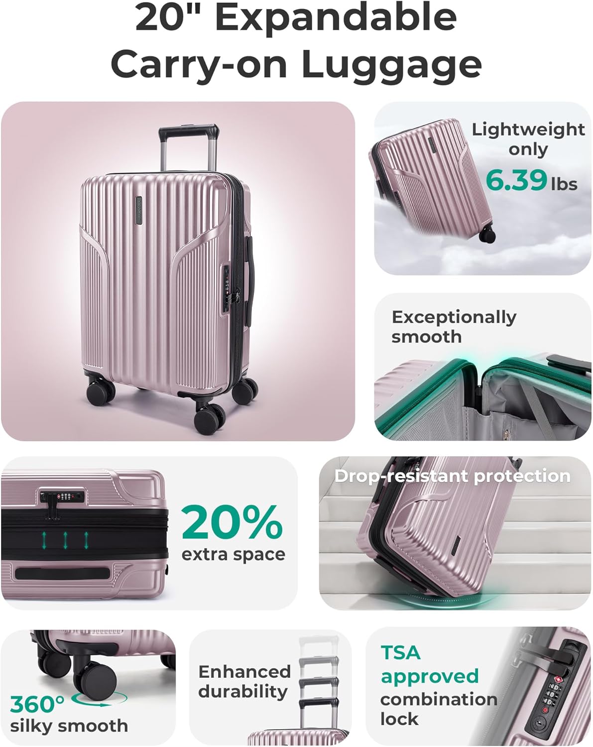 BAGSMART Carry On Luggage 22x14x9 Airline Approved, luggage with Spinner Wheels, 20 Inch Expandable Hardside Carry On Suitcase with TSA Lock Rolling Travel suitcase Carry-On, Pink Lavender