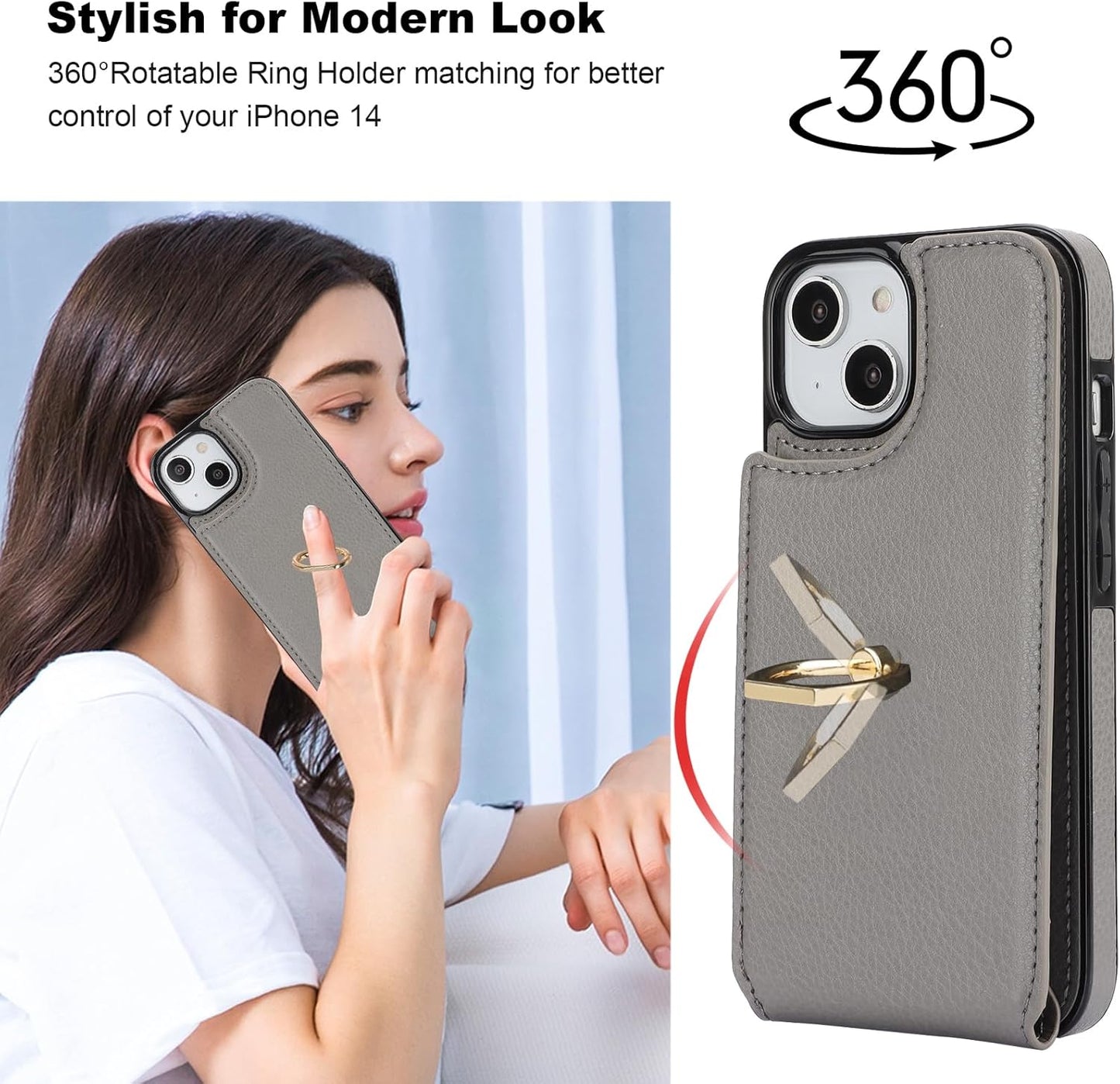 Folosu Compatible with iPhone 14 Case Wallet with Card Holder, 360°Rotation Finger Ring Holder Kickstand, RFID Blocking Leather Protective Double Buttons Shockproof Cover 6.1 Inch Gray