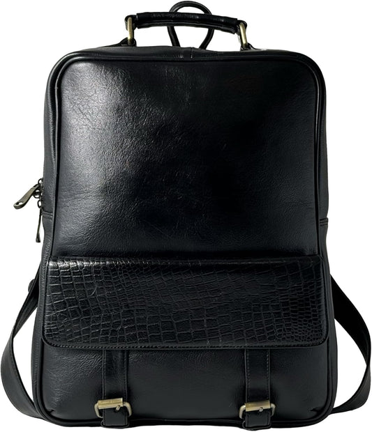Genuine Leather Luxury Backpack Multi-functional Elegant Daypack Office Travel Leisure 15.6" Laptop Bag (Black)