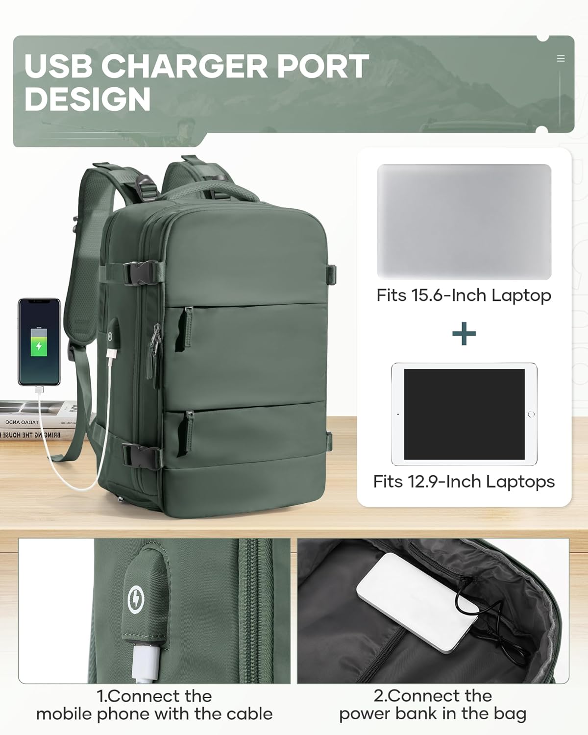Vacuum Backpack Travel with Pump, Vacuum Seal Compression Backpack with Pump for Travel Frontier Approved 18x14x8 inches, Business 15.6" Laptop Bag for Men, Army Green