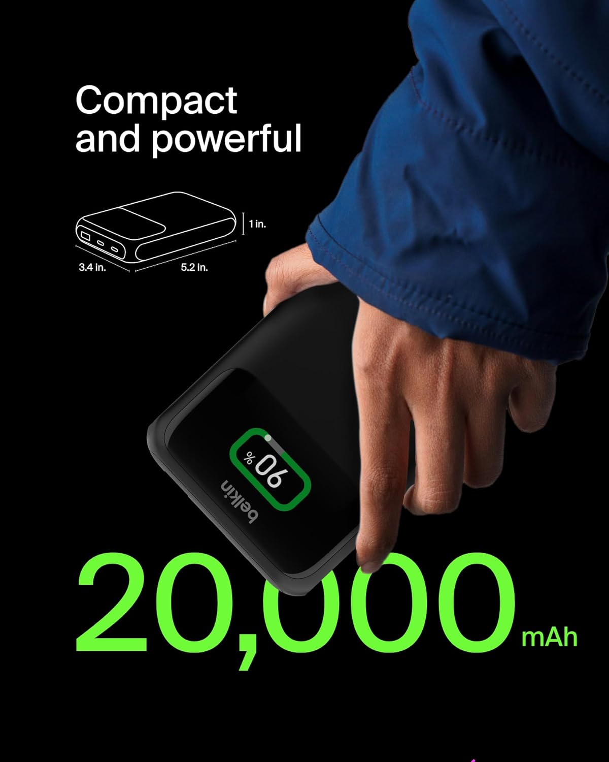 Belkin Portable Charger, 3-Port Laptop Power Bank 20000 mAh - USB-C & USB-A Ports, 65W iPhone Charger Fast Charging - MacBook, Apple iPhone 17, iPad, Samsung Galaxy S25, Nintendo Switch 2, etc - Black