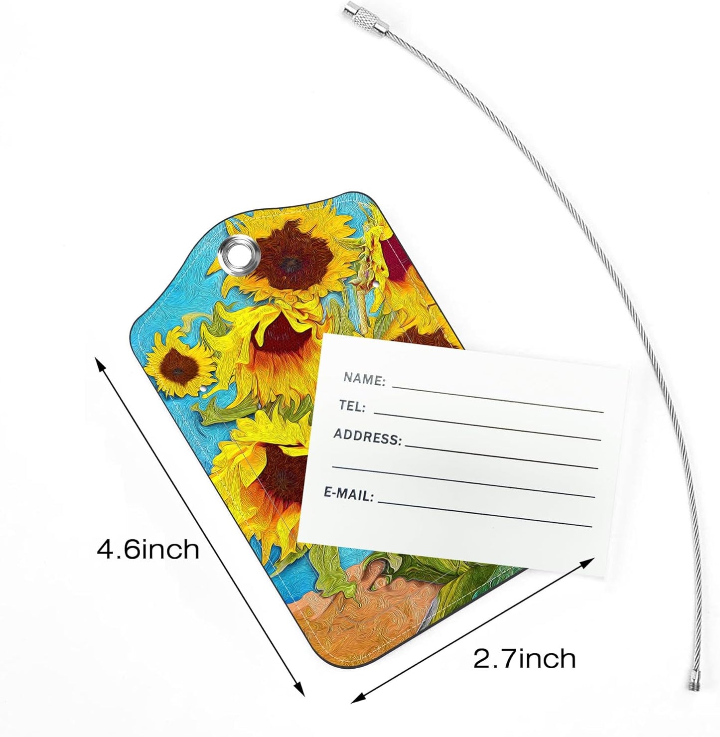 2 Pack Luggage Tags for Suitcase,Sunflowers Oil Painting PU Leather Idea Baggage Tag with Name Labels Privacy Cover Metal Ring Men and Women Travel Cruise Labels