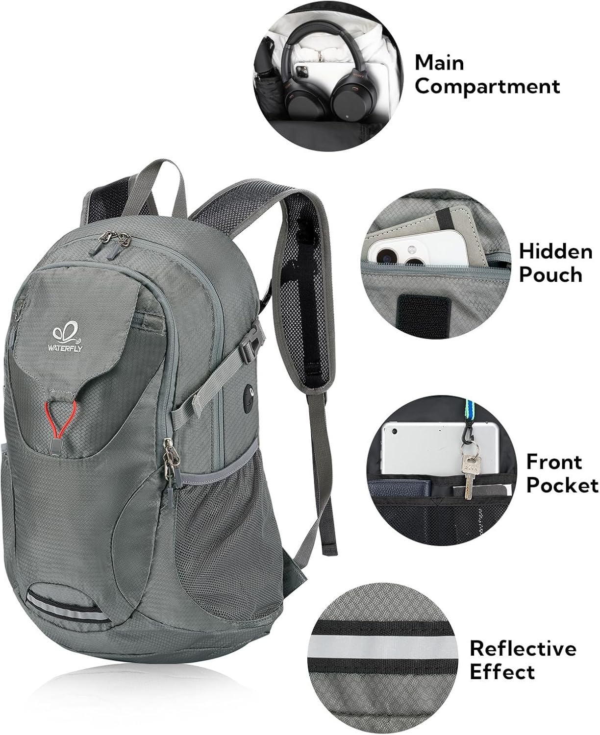WATERFLY Lightweight Packable Hiking Backpack: 30L Foldable Travel Daypack Ultralight Camping Day Pack for Woman Man Grey