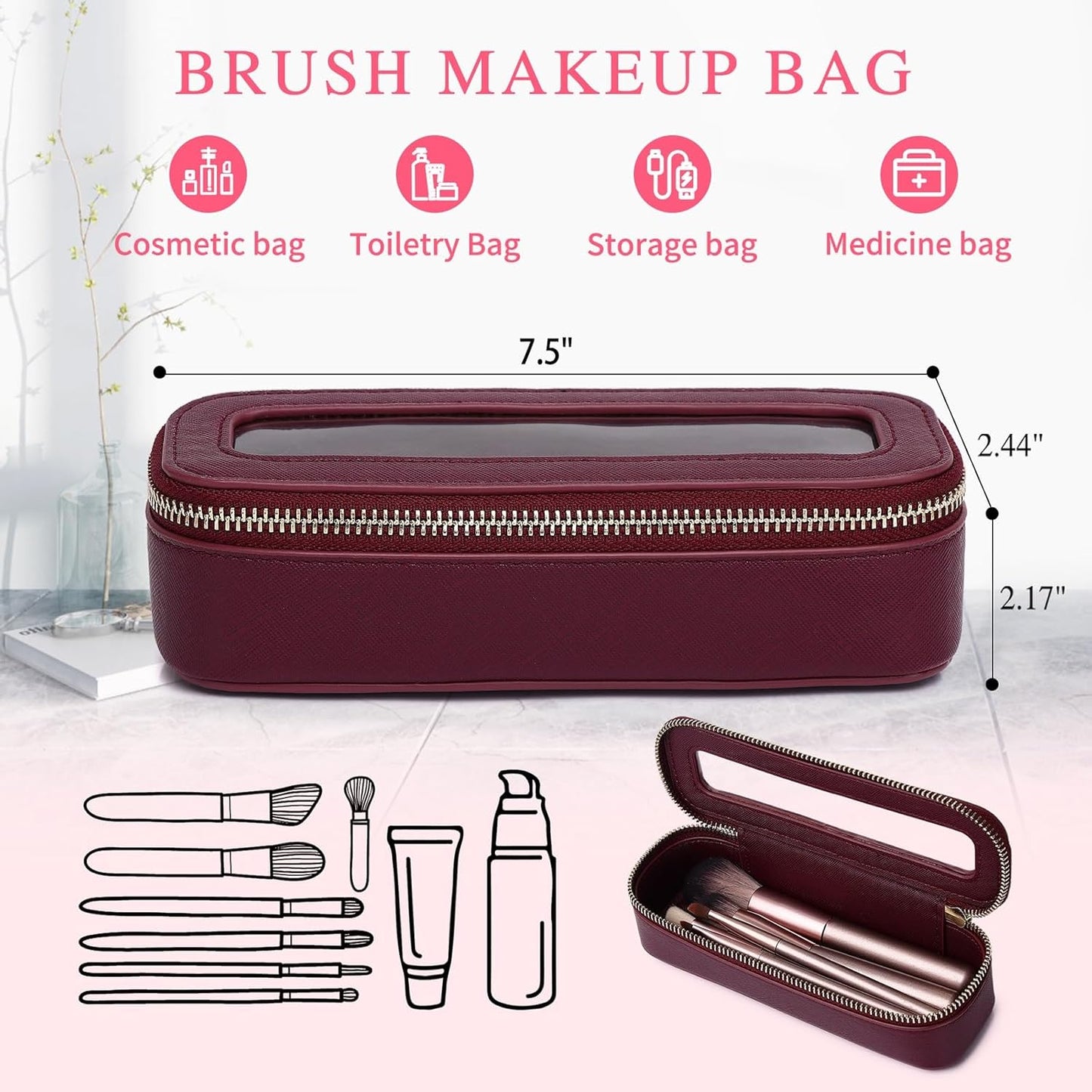 Clear Travel Makeup Bag with Brush Case Portable Transparent Cosmetic Bag and Toiletry Bag Waterproof Makeup Organizer with Zipper Car Essential for Women (Burgundy, M+Slim)